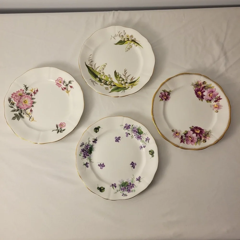 Adderley Salad Plates‎ Women White Floral Gold Rim Fine Bone China Set of 4